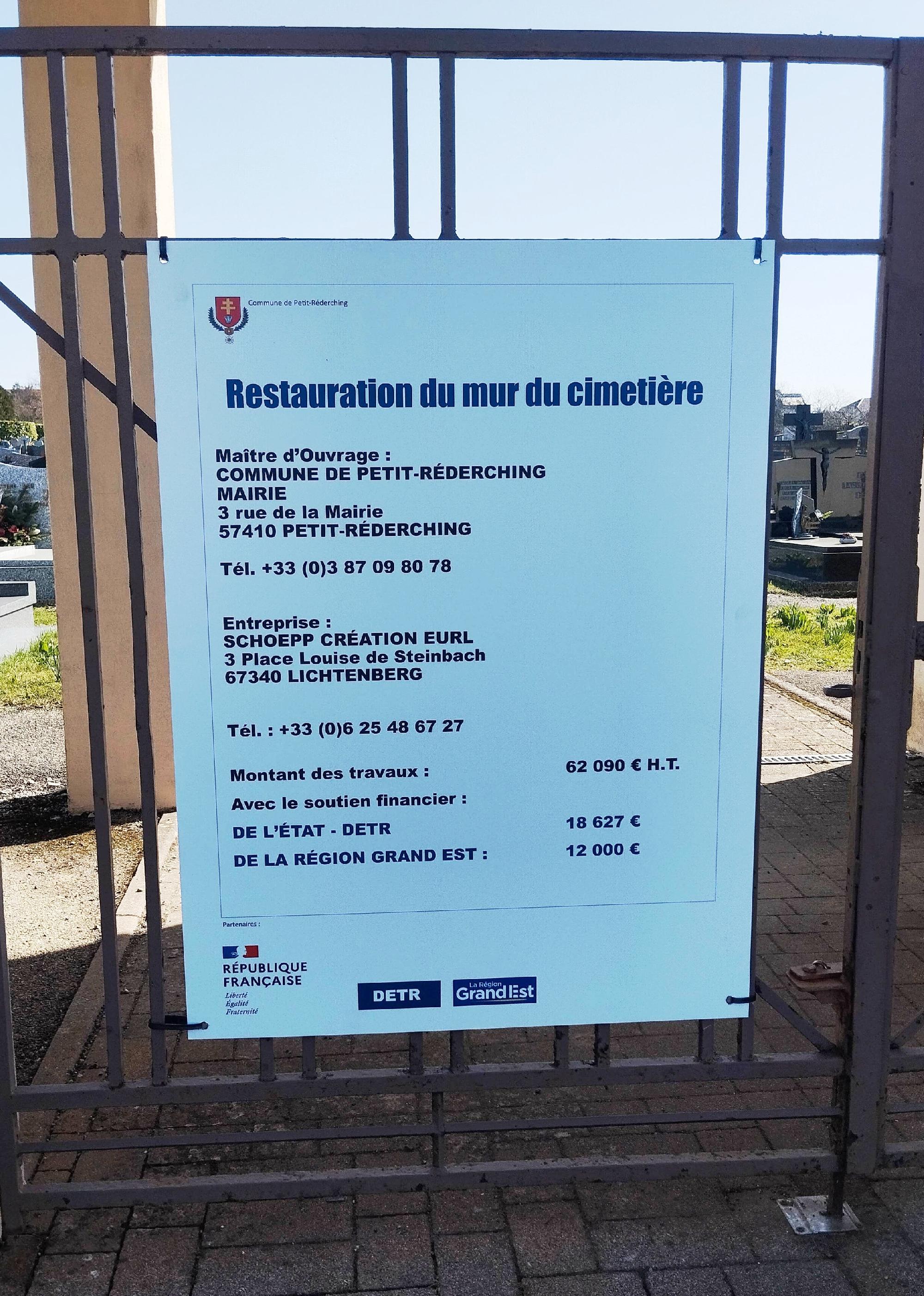 Panneau restauration mur cimetière Petit-Réderching 2026